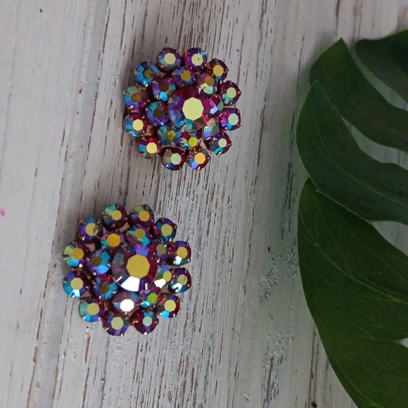 Weiss Vtg rhinestone earrings 1950s clip-on Old Hollywood Glam Pink Ab - Picture 4 of 5